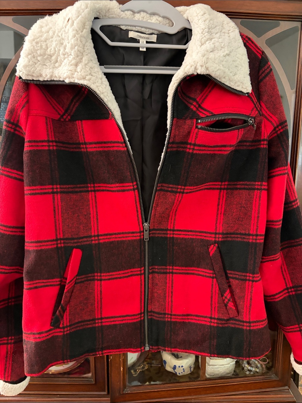 Maurices Red and Black Plaid Teddy-Lined Zip Jacket